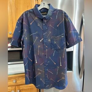 Harry Potter RSVLTS button up short sleeve shirt, Olivanders wands.